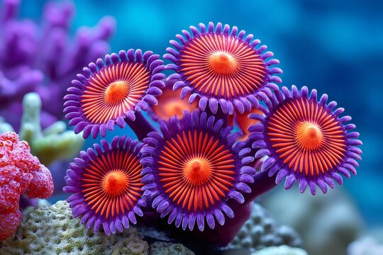 Colorful zoanthid polyps glowing in underwater coral reef