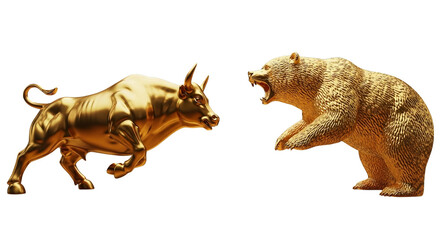 Golden bull charges towards an angry bear in this dynamic financial market concept illustration.