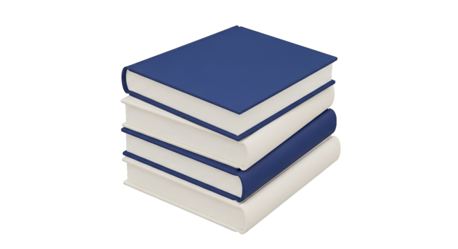 A stack of three books with blue covers and light pages are piled high for reading and study.