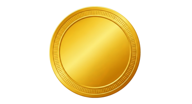 A shiny and bright golden coin with an ornate detailed border against black background is displayed.