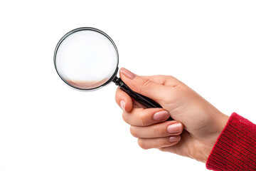 A female hand holding a magnifying glass isolated on a white background