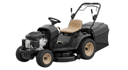 A meticulously crafted lawn mower features a neutral seat and detailed engine under studio lighting
