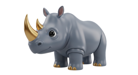 Stylized gray rhinoceros with shiny gold horns and hooves standing, cartoonish, charming and