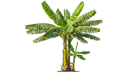 Lush green banana trees stand tall with broad leaves in sunlight, vibrant nature element isolated