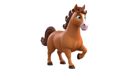 Animated brown horse with a white blaze and blue eyes stands confidently, looking playfully ahead.