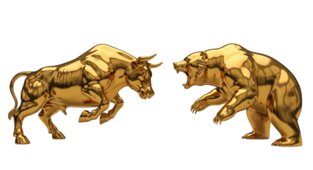 A dynamic golden bull and bear face off, symbolizing market trends in a glossy, stylized rendering.