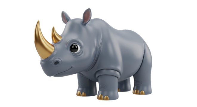 Stylized gray rhinoceros with shiny gold horns and hooves standing, cartoonish, charming and