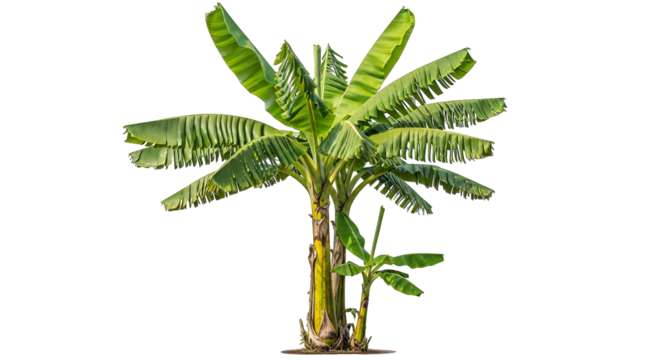 Lush green banana trees stand tall with broad leaves in sunlight, vibrant nature element isolated