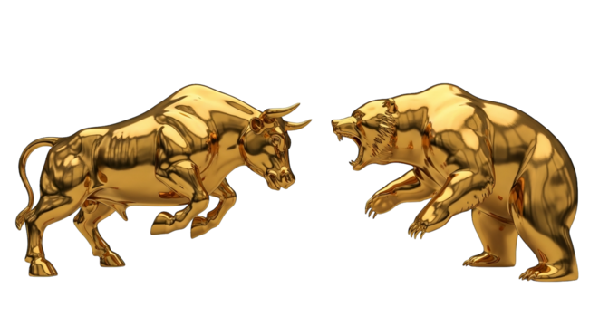 A dynamic golden bull and bear face off, symbolizing market trends in a glossy, stylized rendering.