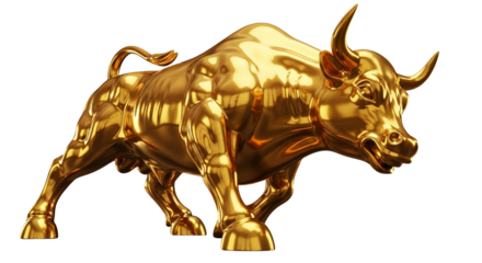 A glossy golden bull statue rendered with a fierce and determined stance on a transparent setting.