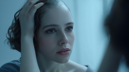 A young woman taking off her wig, conveying the theme of leukemia
