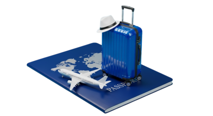 Vibrant blue luggage, sun hat, and miniature plane sit atop a stylized world map passport cover