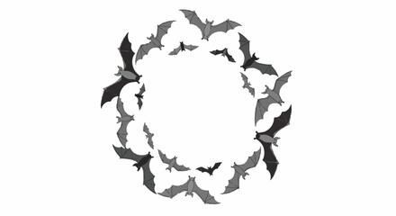 Circular arrangement of gray and black birds in flight on a white background, forming a wreath-like pattern.