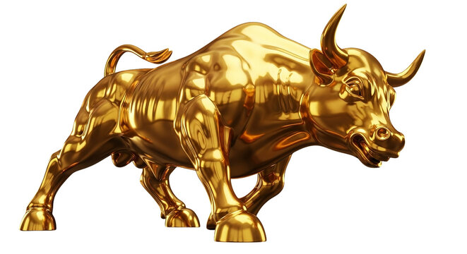 A glossy golden bull statue rendered with a fierce and determined stance on a transparent setting.