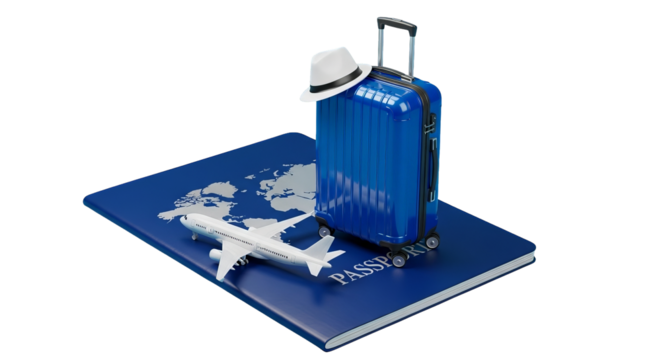 Vibrant blue luggage, sun hat, and miniature plane sit atop a stylized world map passport cover