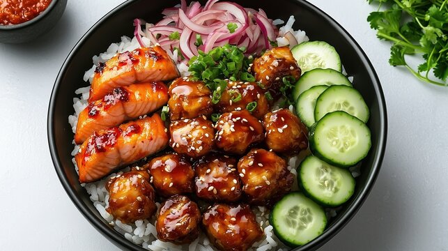 Salmon and Glazed Protein Ball Fusion Bowl: Embracing Healthy Eating Trend, Suitable for health food brand marketing, fitness platforms / APP content