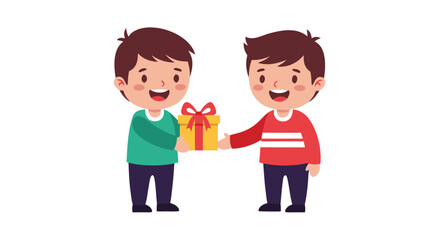 Obraz premium Two happy boys exchanging a gift with a red ribbon, symbolizing friendship and generosity, presented on a white background for graphic design purposes