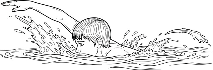 Line art vector illustration of a boy swimming with splashing water, ideal for sports education, summer activities, or children’s coloring pages and aquatic design content.