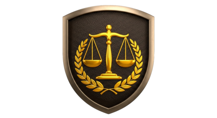 Golden Scales of Justice emblem adorns a shield with an elegant leaf wreath on dark background.