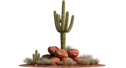 A detailed view of a tall cactus, rocks, and dry brush showcasing desert landscape vegetation