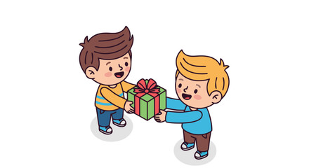 Two happy cartoon children exchanging a wrapped gift with a red ribbon, symbolizing friendship, generosity, and the joy of giving and receiving presents during celebrations