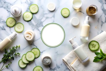 Cosmetic products with cucumber slices on marble background, copy space