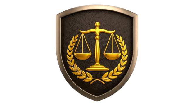 Golden Scales of Justice emblem adorns a shield with an elegant leaf wreath on dark background.