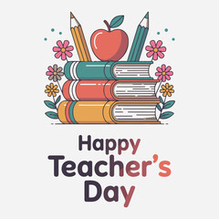 Elegant Happy Teacher&rsquo;s Day Vector Illustration with Books, Apple, and Colorful Floral Elements for Educational Celebration Design. Thank You .