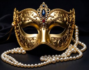 Ornate gold Venetian mask with pearls, resting on dark satin