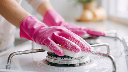 person cleaning gas stove with pink rubber gloves using baking soda and sponge