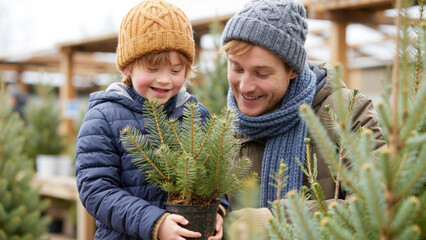 father and son with Down syndrome selecting small pine tree together at outdoor Christmas market