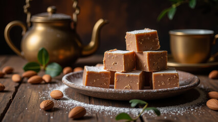 Delicious fudge squares arranged on rustic plate, surrounded by almonds and sugar, with vintage teapot and cup in background