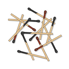 Pile scattered wooden matches with black and red tips, isolated on, representing risk or danger