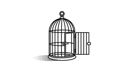 An open birdcage with its door ajar, depicted as line drawing with subtle shadow, isolated on, symbolizing freedom or escape