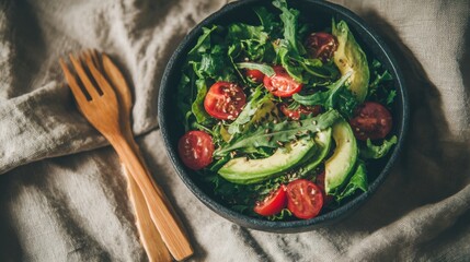 Bowl of vibrant fresh salad with greens, tomatoes, avocado, and seeds, placed on linen napkin with wooden cutlery, natural daylight, top view