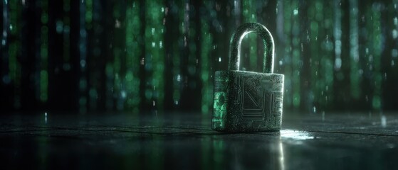 The padlock standing on wet surface with digital green matrix background