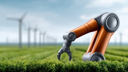 Robot in expansive field with majestic wind turbines autonomous robot stands in vast outdoor landscape large wind turbines visible in distant view