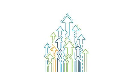 Colorful illustration of multiple arrows pointing upwards in various shades of blue, green, and orange on a white background with a modern graphic design.