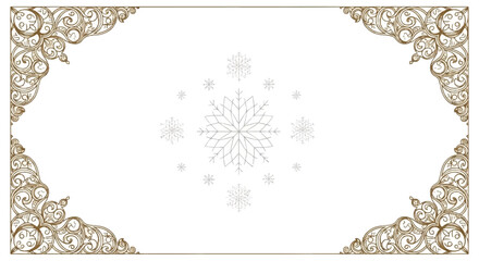 Elegant gold filigree border with intricate floral patterns and snowflake designs on a white background, ideal for invitations or stationery.
