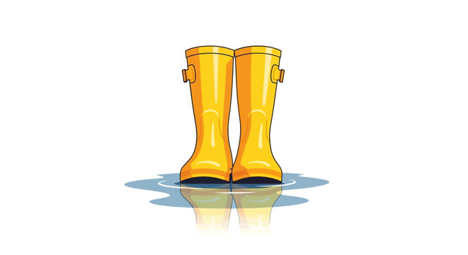 Pair yellow rain boots standing in puddle, reflecting on