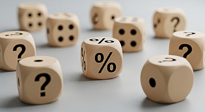Dice featuring percentage symbols and question marks representing risk uncertainty and financial decisions on a neutral background