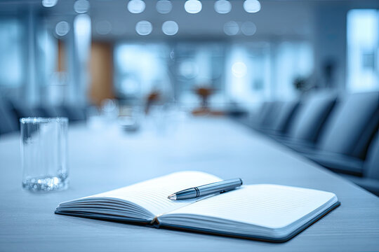 Notepad for agenda kept on table in empty corporate conference room before business meeting in blue tone
 - Powered by Adobe