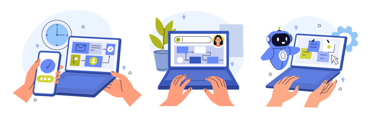 Workflow automation illustration set. Characters hands holding laptops showing smart dashboards, AI automated business processes on screen. Task management, onboarding, artificial intelligence tools.