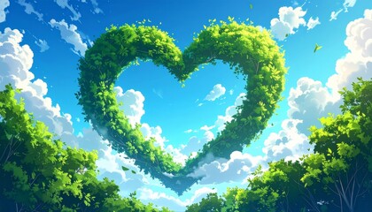 Naklejka premium Green leaves background, blue sky heart shape cloud ecology concept idea eco love symbol background