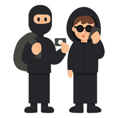 Flat cartoon vector illustration of a group of scammers. Cybercrime, online fraud, and hacker teamwork concept in modern flat design, perfect for digital security themes.