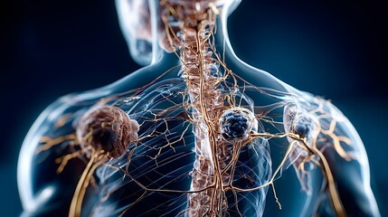 Human body lymphatic system with swollen lymph nodes
