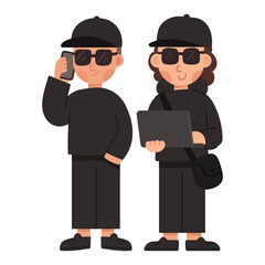Flat cartoon vector illustration of a group of scammers. Cybercrime, online fraud, and hacker teamwork concept in modern flat design, perfect for digital security themes.