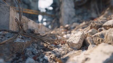 Rubble And Debris With Exposed Wires In A Construction Site. Urban Decay And Structural Damage
