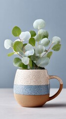 Minimalist Still Life Photography of Green Eucalyptus Leaves in a Speckled Ceramic Mug with Blue and Brown Stripes Against a Soft Blue Gray Background