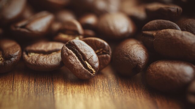 Close up macro of roasted coffee beans on a wooden surface, sharp details, natural lighting, warm tones, appealing for gourmet product photography